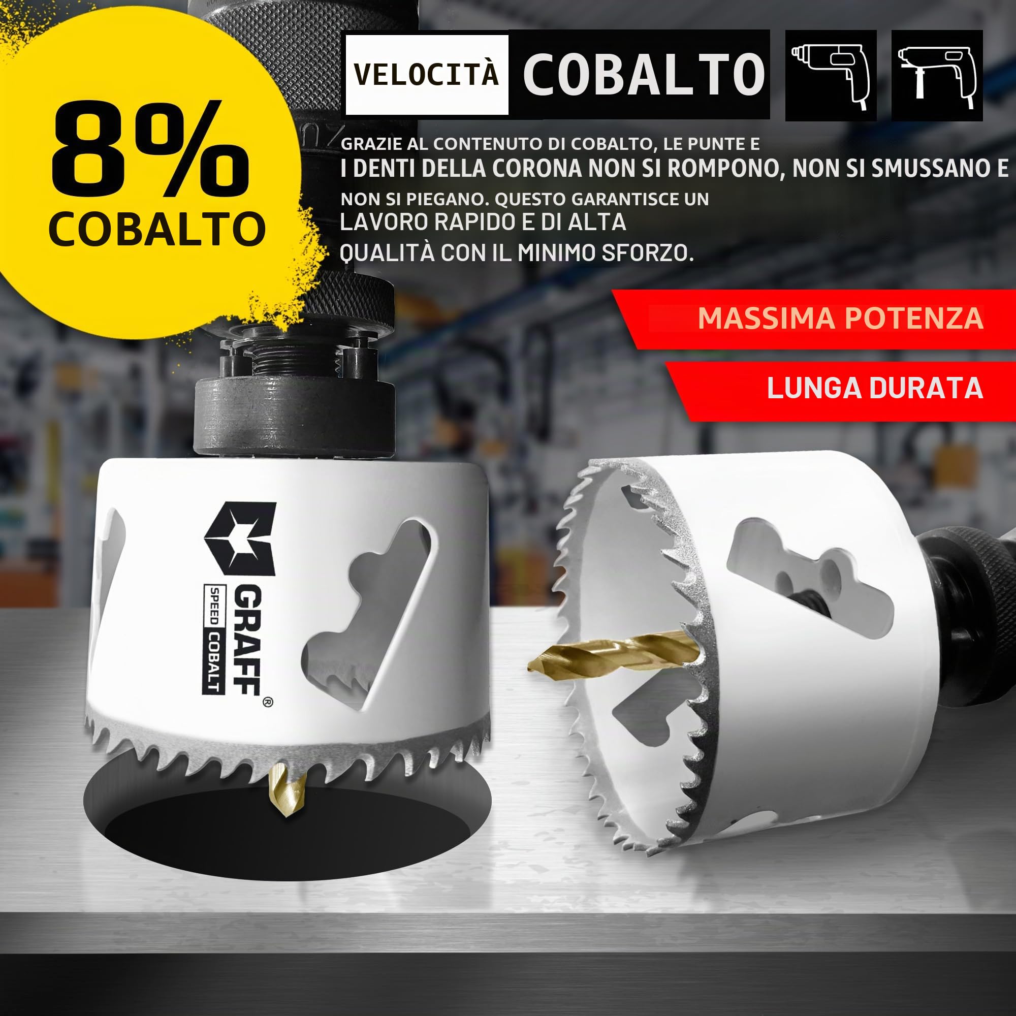 Sega A Tazza Trapano Bi-Metallica 68mm - Fresa a Tazza 8% cobalto (con Adattatore Esagonale e Punta di Centraggio) - Sega a Tazza per Legno Muro Cartongesso Metallo Acciaio Inossidabile GRAFF
