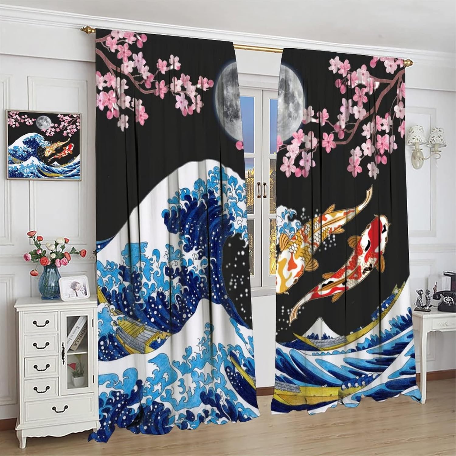 Retro Yin Yang Japan Blackout Curtains for Bedroom - Ancient Watercolor Japanese Great Wave Full Moon Window Treatment,Rod Pocket Room Darkening Curtains 2 Panels 63L x 31.5W