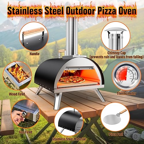 Miniatura 4 de Horno de pizza multicombustible para exteriores, horno portátil de madera y gas de 12 pulgadas con termómetro, manguera de gas y piedra para pizza,