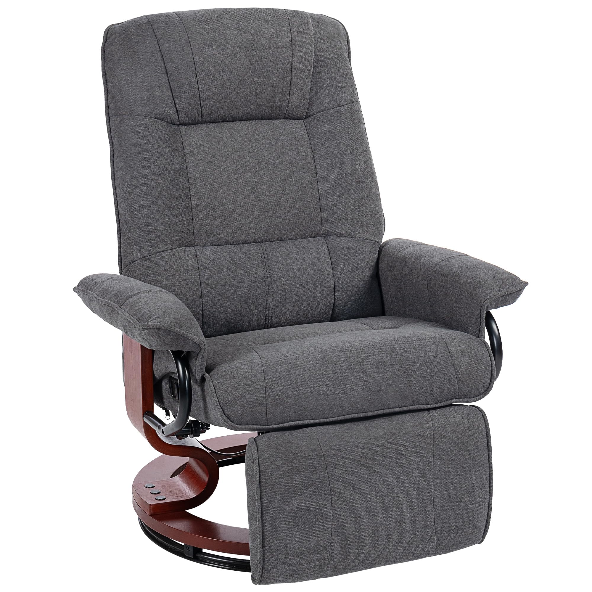 HOMCOM 360° Swivel Recliner Chair with Footstool, Manual Recliner Armchair with Wooden Base, Linen-Like Upholstered Reclining Chair for Living Room, Bedroom, Office, Grey