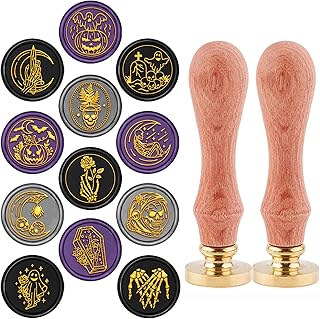CRASPIRE Halloween Wax Seal Stamp Set 12pcs Sealing Wax Stamps 25mm Retro Removable Brass Heads with 2pcs Wood Handle for Wedding Invitations Envelopes(Skull Pumpkin Bats Ghost Spider Web Skeleton)