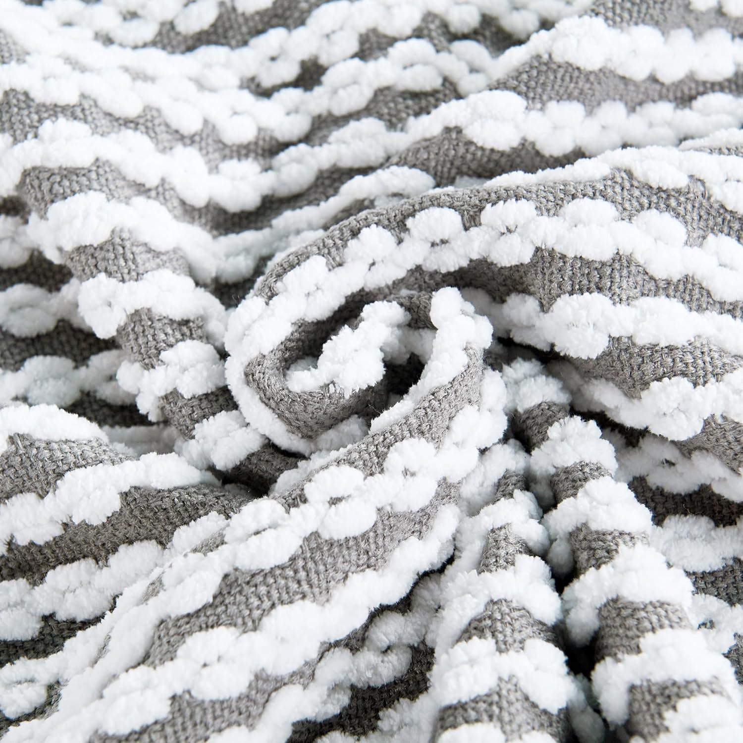 Striped Knit Throw Blanket with Braided Tassels 50" x 60", Hand Knitted Soft Chunky Chain Design Boho Farmhouse Blanket, Two Tone Tassel Decor Throw for Couch Bed Sofa Outdoor, Gray White