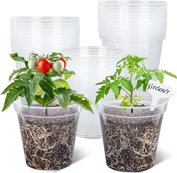 GREANER 7 Inch Transparent Plastic Garden Pots, Clear Plant Pots with Drainage Holes and 20 Pcs Plant Labels, Durable Seed Starting Pots for Orchid, Succulent, Vegetable, and Cactus