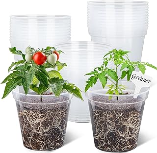 GREANER 7 Inch Transparent Plastic Garden Pots, Clear Plant Pots with Drainage Holes and 20 Pcs Plant Labels, Durable Seed Starting Pots for Orchid, Succulent, Vegetable, and Cactus