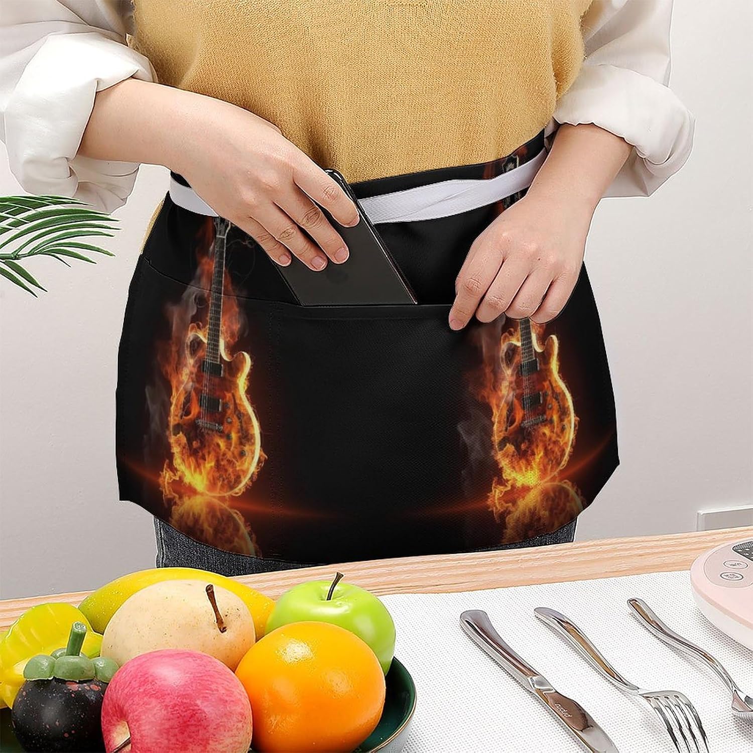 Short Half Waist Apron, Fire Guitar Printed Server Aprons Oil And Water Resistant Half Waist Apron with for Women Men