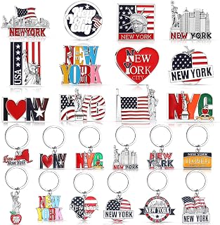 Highergo 24 Pcs New York Metal Souvenirs Gifts 12 NYC Souvenirs Metal Fridge Magnet Magnetic Stickers 12 New York Keychains Bottle Opener Keyring Travel Gifts for Women & Men