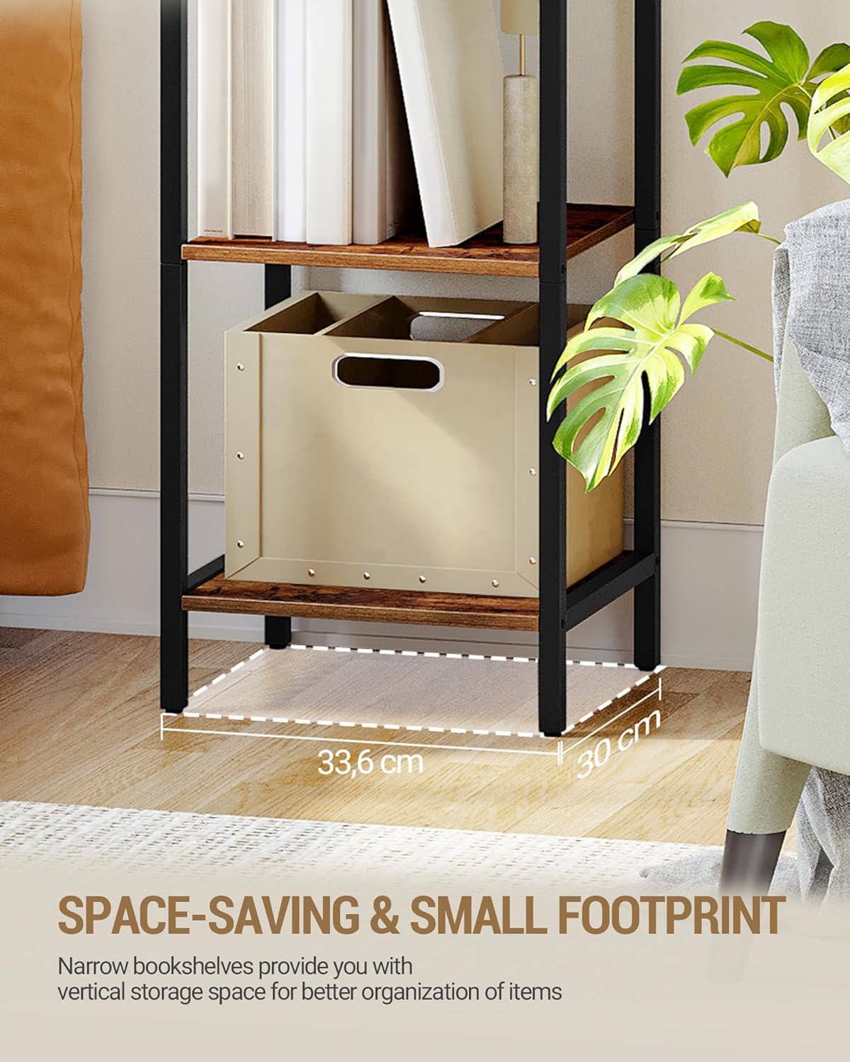 Bookshelf Narrow Bookcase, Tall Storage Rack with Steel Frame, Display Standing Shelf Unit, Skinny Book Shelf for Study Living Room Home Office, Industrial Style, 6-Tier Rustic Brown BC56001B - Image 6