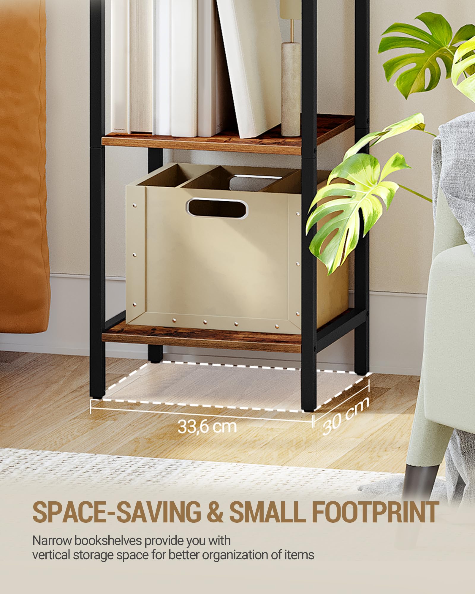 Hzuaneri Libreria Alta a 6 Ripiani, Scaffale Aperto, Struttura In Metallo, Stile Industriale, 30 x 30 x 178,6 cm, Adatta Per Studio, Soggiorno, Camera Da Letto, Cucina, Marrone Rustico BC56001B