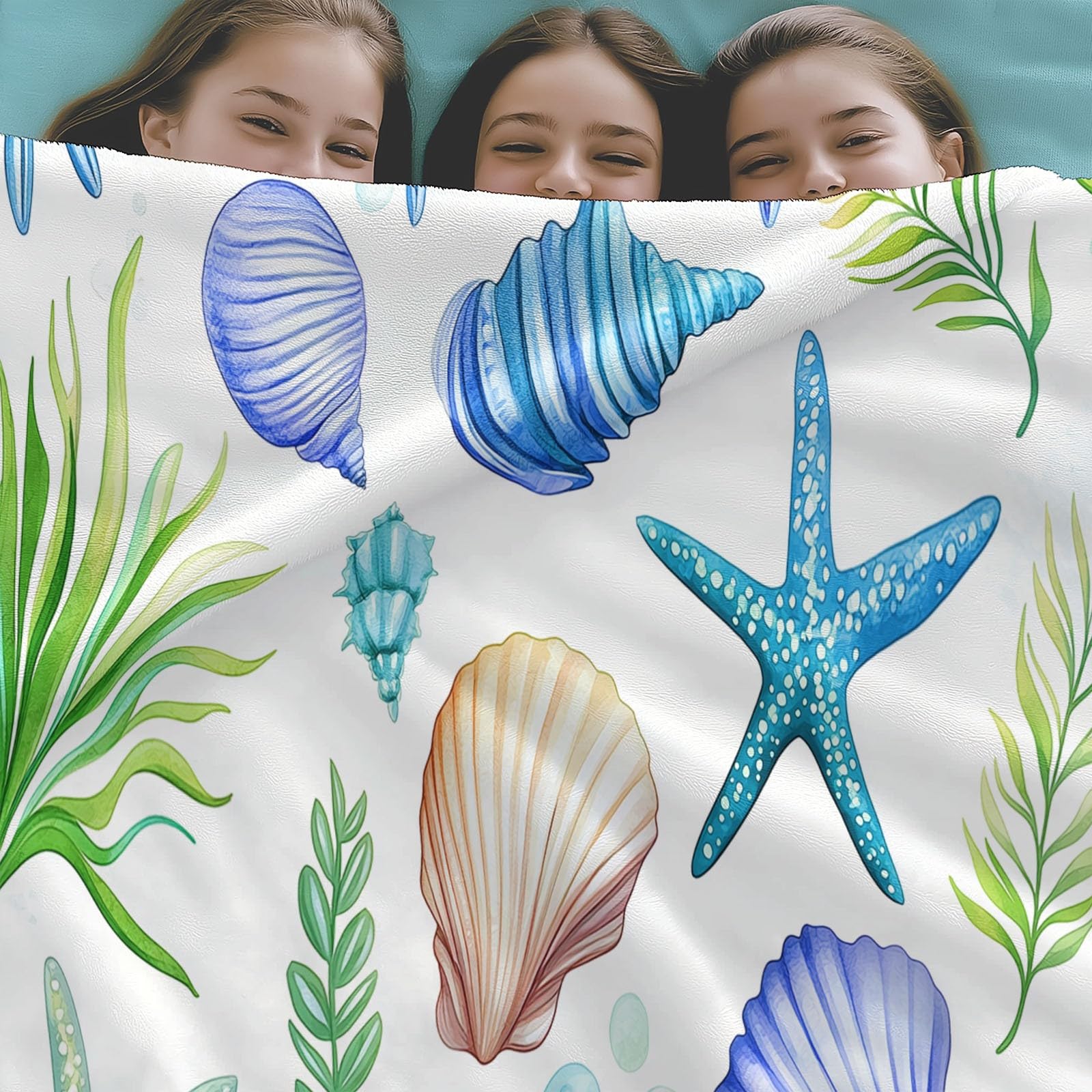 Genérico Muszle I Akwarelowe Rozgwiazdy Koc Flanelowy 220 x 240 cm Koce Sherpa, Białe Super Puszyste Wełniane Koce Dorosłych I Dzieci Koc Miękki I Ciepły Łóżko