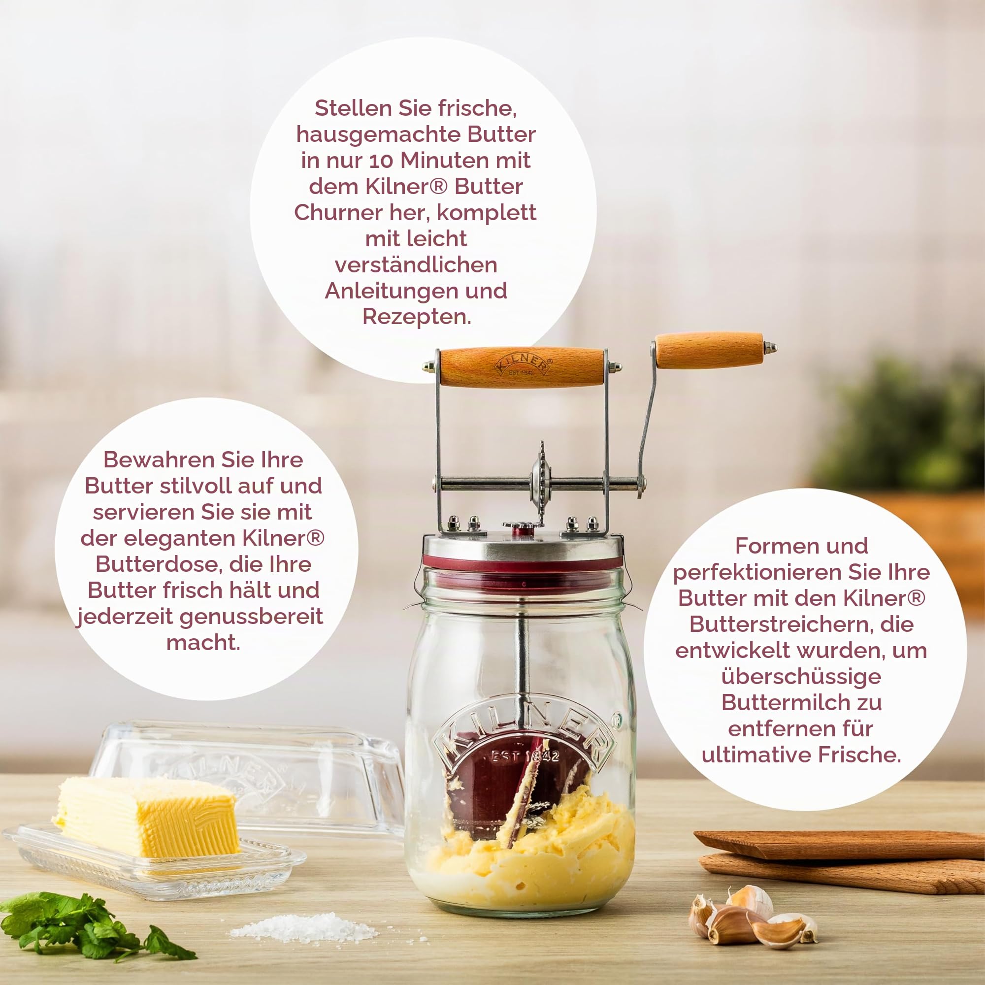 Kilner Butterfass Glas mit Handkurbel, leckere Butter selber machen in nur 10 Minuten, mit Silikonrührer, 1L, inkl. Anleitung und Rezepten, auch für Kräuterbutter, Knoblauchbutter usw., 27 cm hoch