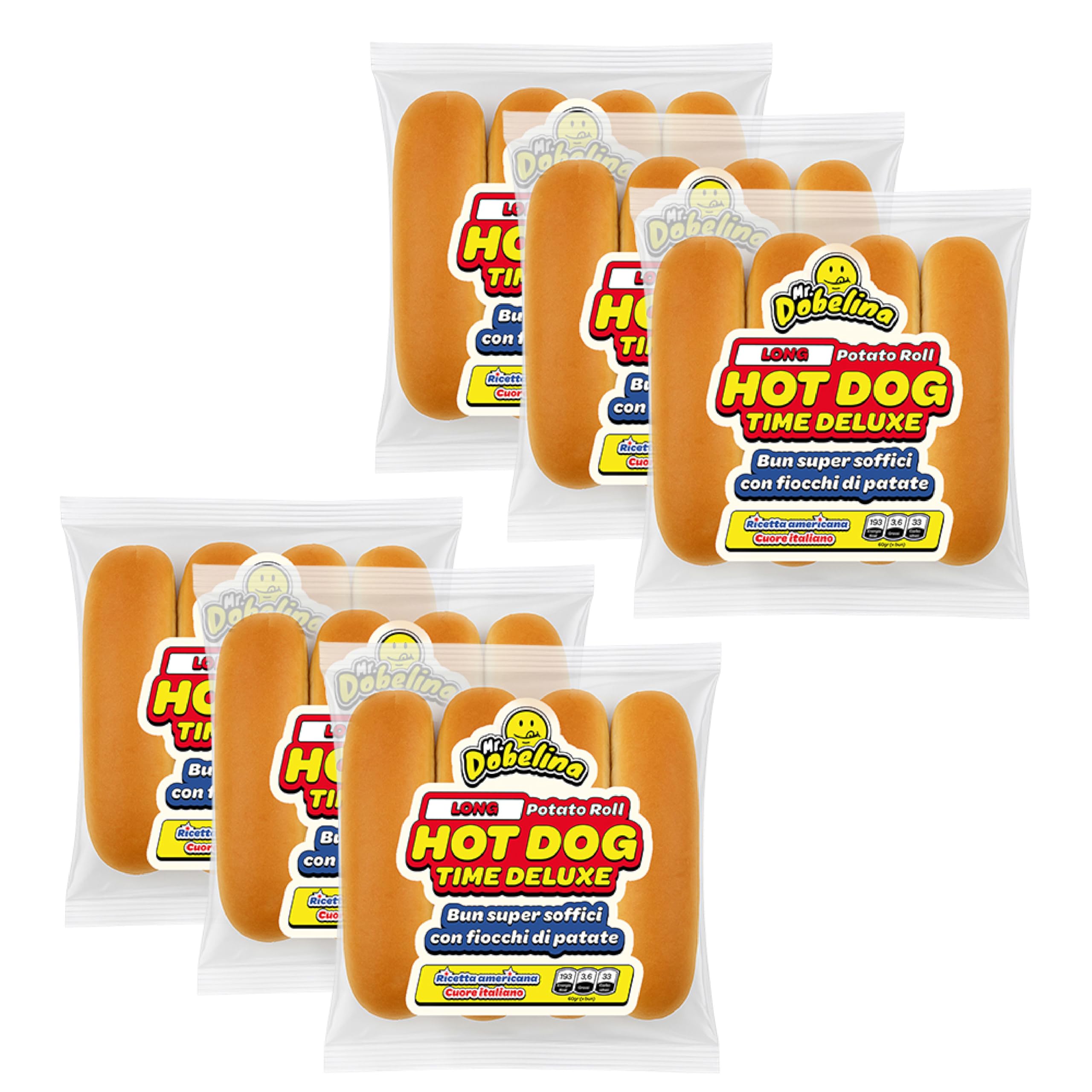 Mr. Dobelina Hot Dog Potato Rolls, 6 paquets de 4x60g et 16cm, moelleux et dorés, sans lactose, idéaux pour les riches hot-dogs à l'américaine, sans conservateurs ni additifs.