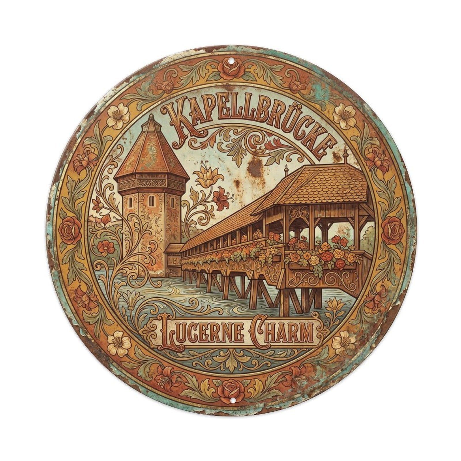 Bridge Covered Hallway Crossing Metal Tin Sign Plaque Wall Decor for Cafe, Club, Garden Round Metal Poster 8x8Inch
