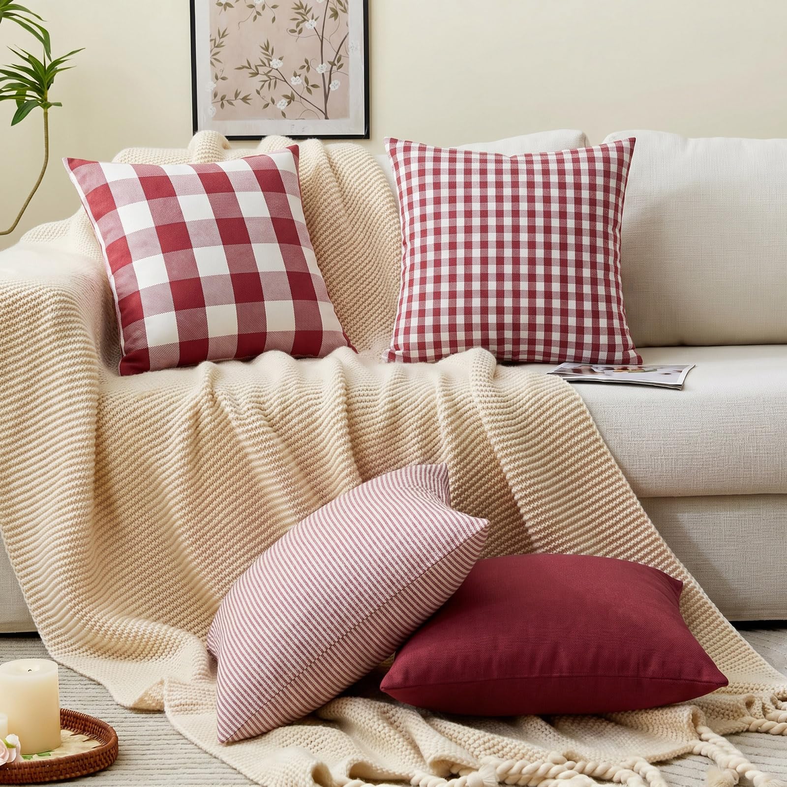 Lot de 4 housses de coussin d'extérieur à carreaux de buffle rouge et blanc 50,8 x 50,8 cm