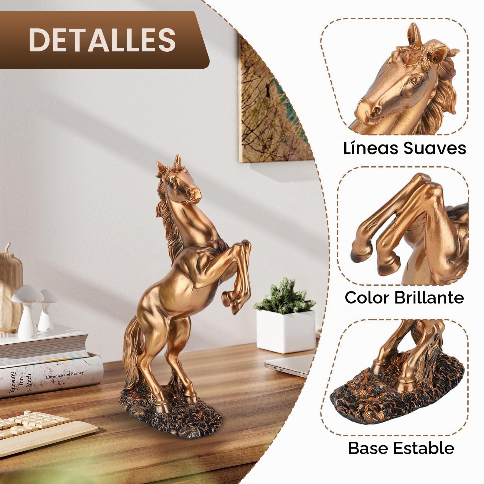 HERCHR Estatua de Caballo de pie Estatua de Resina, Estilo Europeo Escultura decoración Animal, Oro Blanco Cobre Acabado Feng Shui Ornamento para la estantería de Escritorio de la Oficina en el hogar