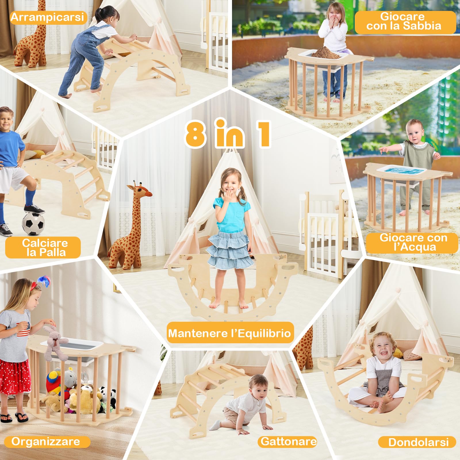 COSTWAY 8 in 1 Arco da Arrampicata per Bambini, Altalena ad Arco in Legno con Contenitore Pieghevole, Palestra Montessori per Bambini 3 Anni + (80 × 47 × 41 cm)