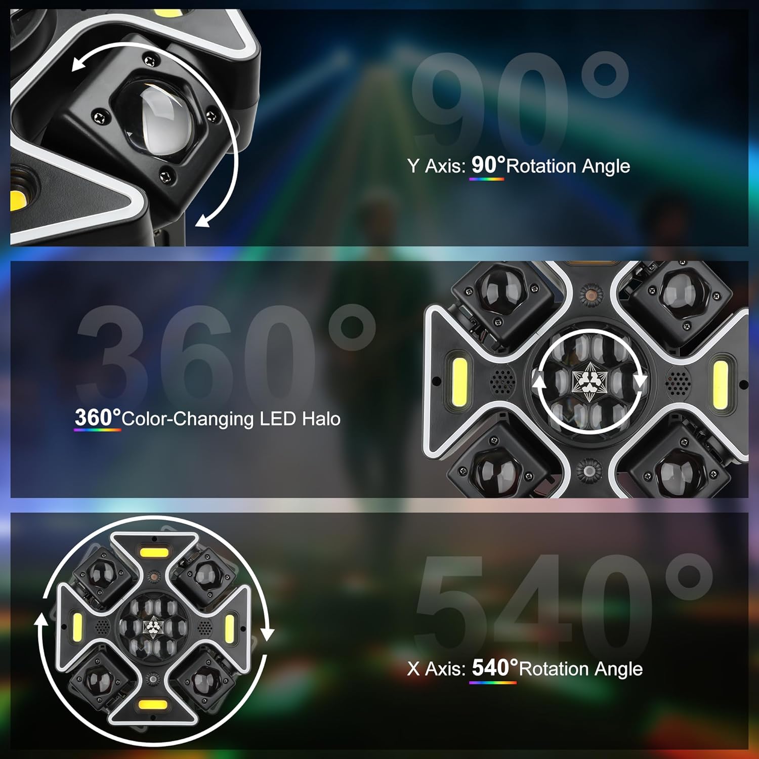 Moving Head DJ Lights,120W LED Stage Light with RGB Light Strip Feature 4 Arms Beam,Bee-Eyes Effect,Luces DJ Profesional Supports Red Green Starlight,Sound Activated for Disco Club Wedding