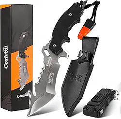 Faca de sobrevivência, faca de bolso de 10,5 cm de lâmina afiada para acampamento com bainha de couro, serra, whiestle de sobrevivência, afiador de facas, quebrador de vidro para acampamento