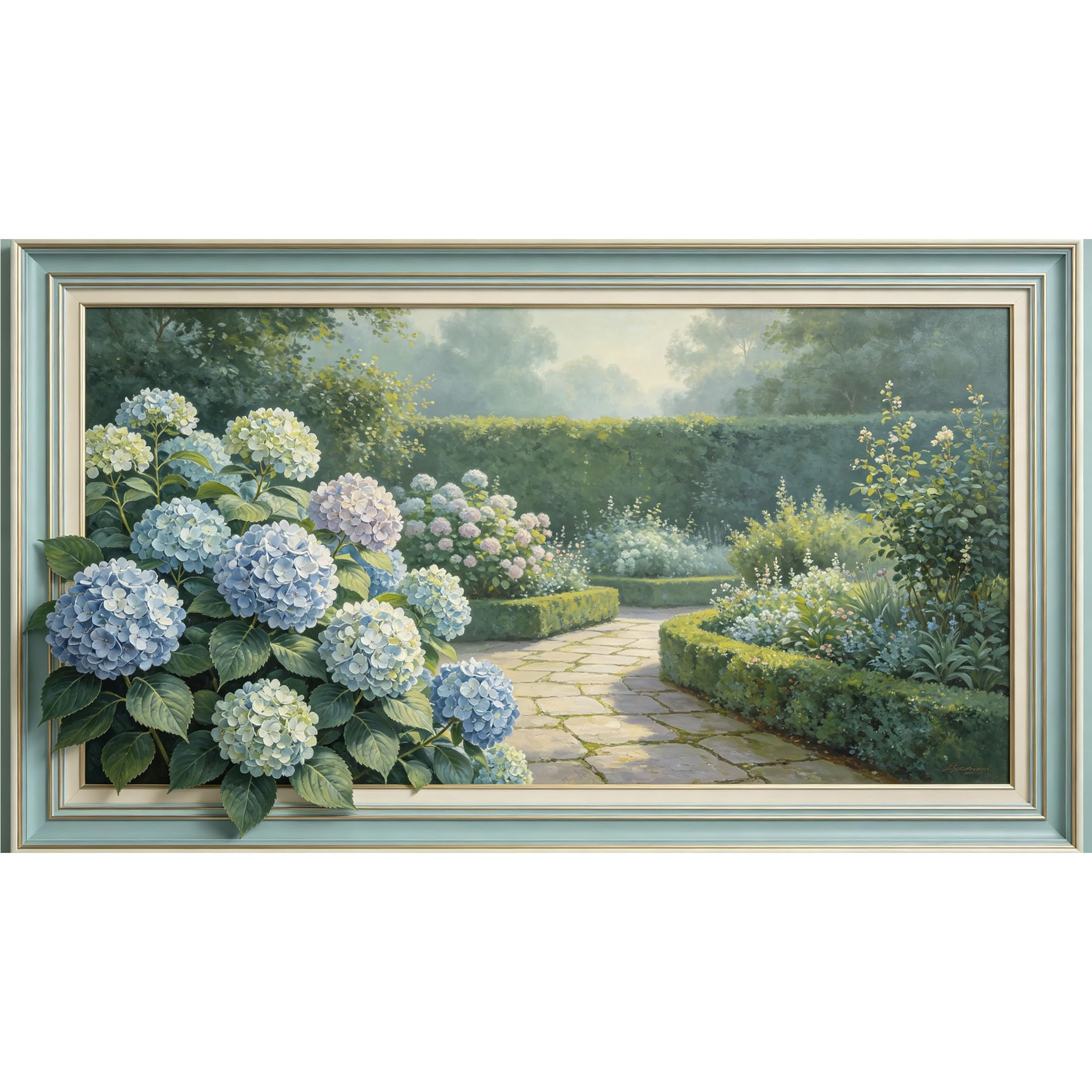 QZLITHOTIC 50x90cm3D Framed Wall Art， Botanical Garden Hydrangea Path Landscape Self‑Adhesive Mural， Water‑Activated Peel & Stick Fabric Decor Wall Decal for Bedroom Living Room