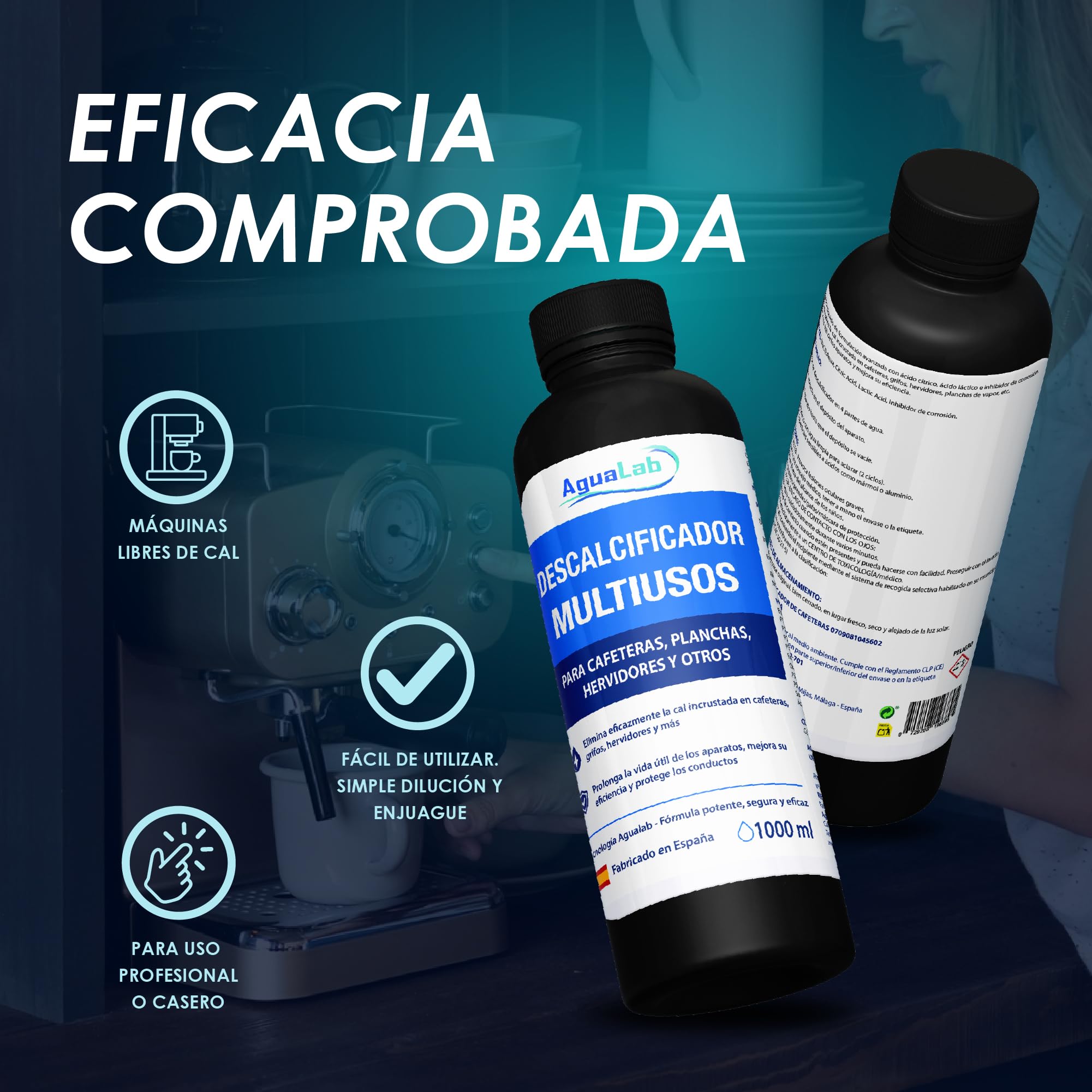 Descalcificador Cafetera 1L Liquido Antical Compatible con Delonghi Nespresso Dolce Gusto Krups Philips Cecotec Limpieza Cafetera Elimina Cal Formula Natural con Acido Citrico | AGUALAB