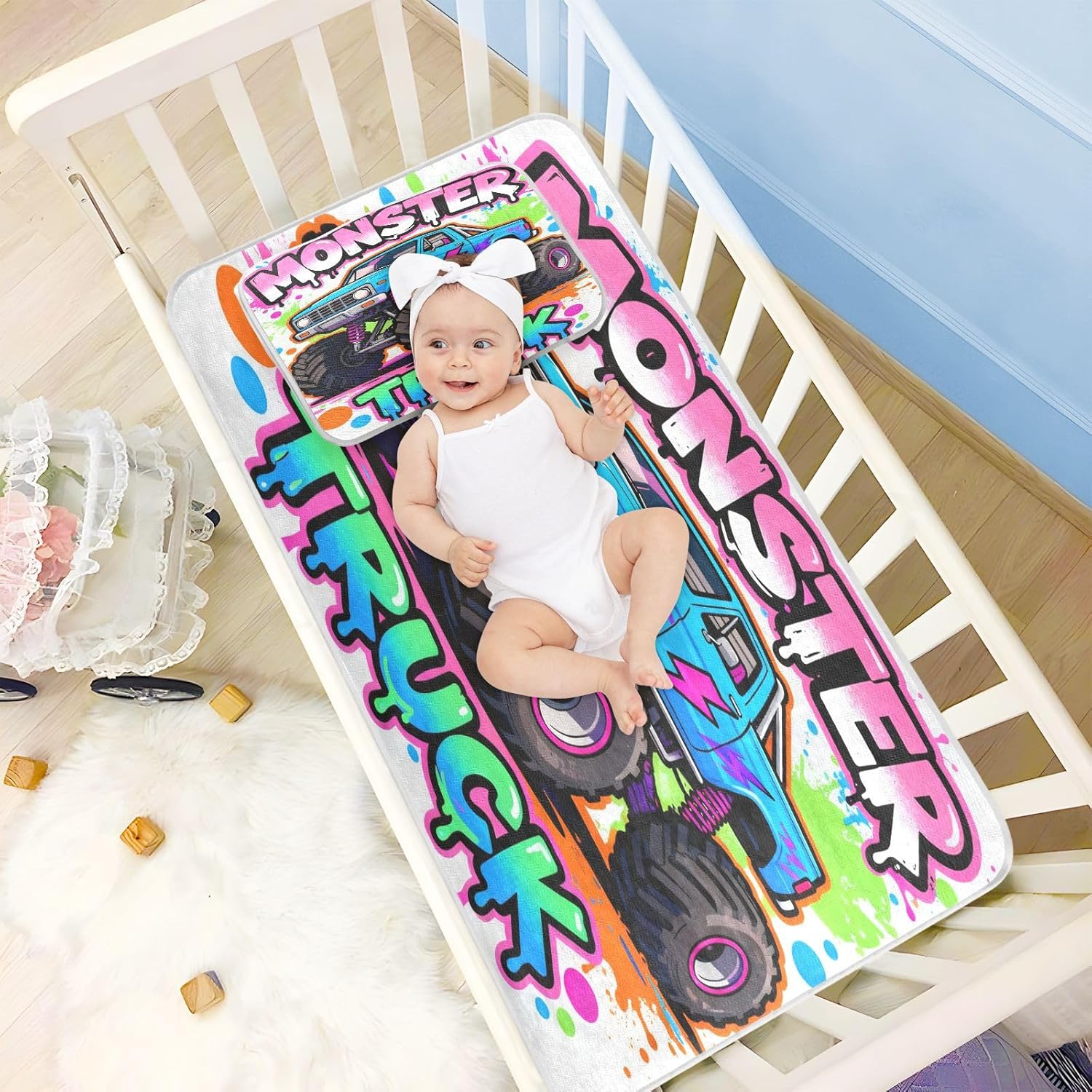 Cooling Baby Mattress Pads 28" x 52" Absorbent Color Cool Monsters Truck Pads Washable for Baby&Toddler