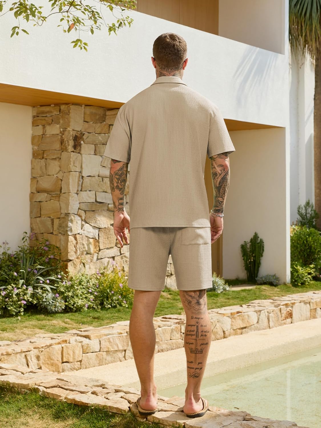 JEMLDL Men's 2 Piece Shorts Set Summer Beach Outfits Short Sleeve Button Down Shirts Vacation Textured Sets - Image 2