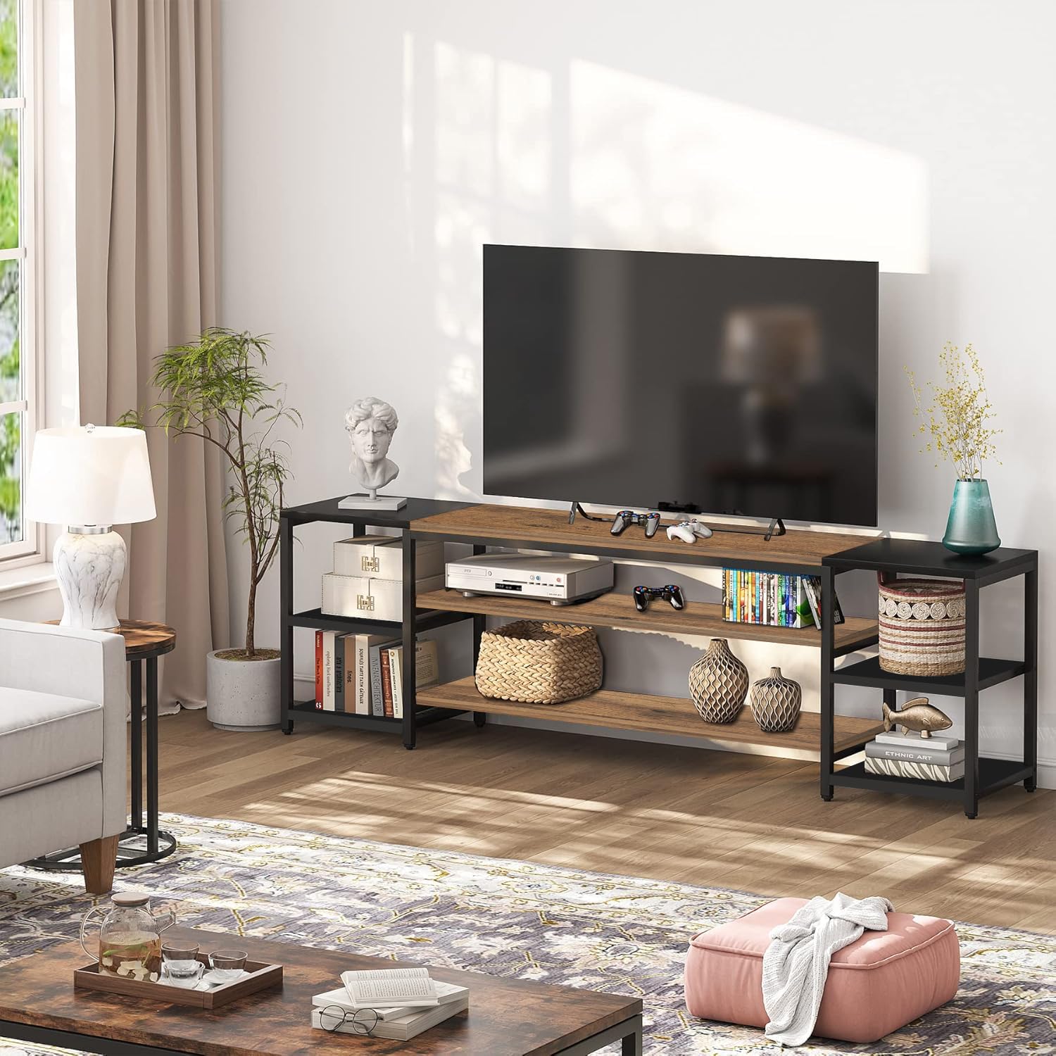 Modern Industrial TV Unit for Living Room | Long Metal Frame TV Stand with Rustic Wooden Shelves | Entertainment Console for TVs up to 70 Inch | Open Storage Rack for Décor, Books & Media Devices-image-34