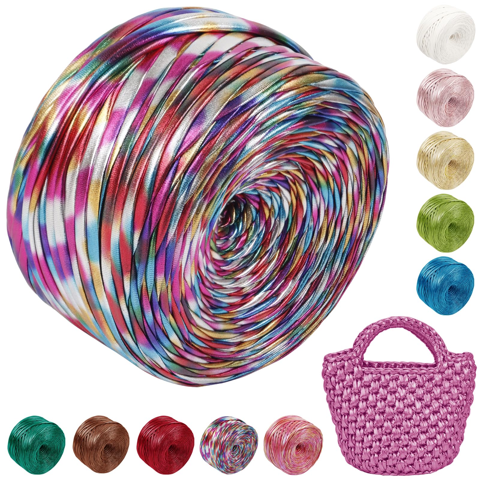 Uiopa Metallic T Shirt Yarn for Crocheting, 200g/60m Polyester Elastic Tshirt Yarn Single-Side Thick Fabric Cloth Ribbon for Crochet Bags, Baskets, Home Decor, DIY Crafts (Colorful)