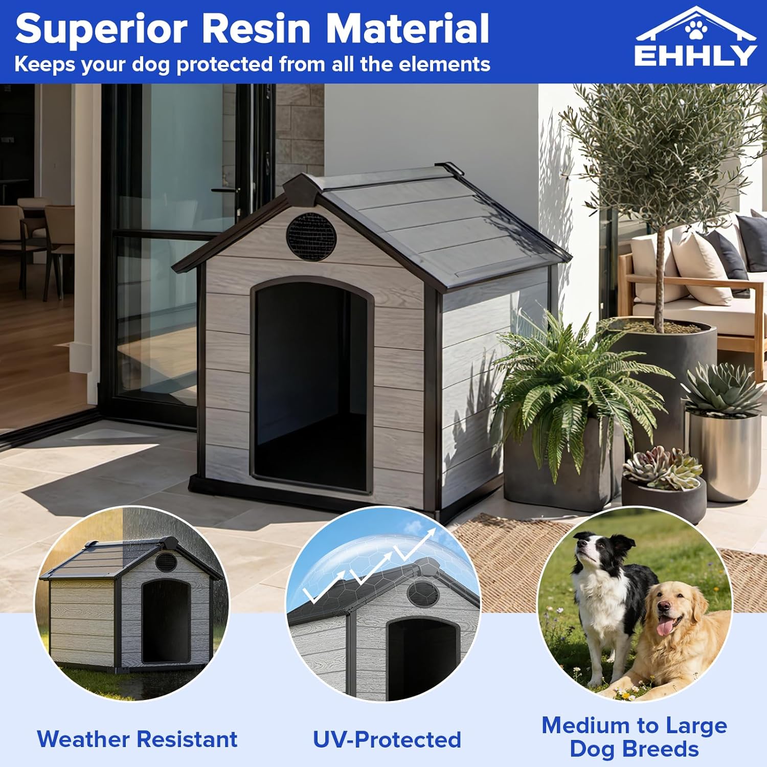 EHHLY 46" Extra Large Dog House Outdoor, 3XL Dog House Waterproof with Elevated Floor, Durable Resin Plastic Dog House for Big Dogs Outside,46Lx40Wx40H,Cemented Grey