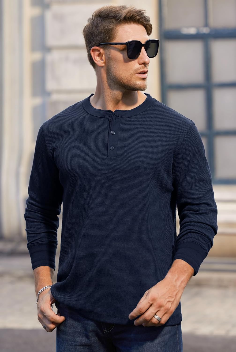 Mens Waffle Henley Shirts Textured Stretch Long Sleeve Knit Pullover (S-XXL) - Image 2