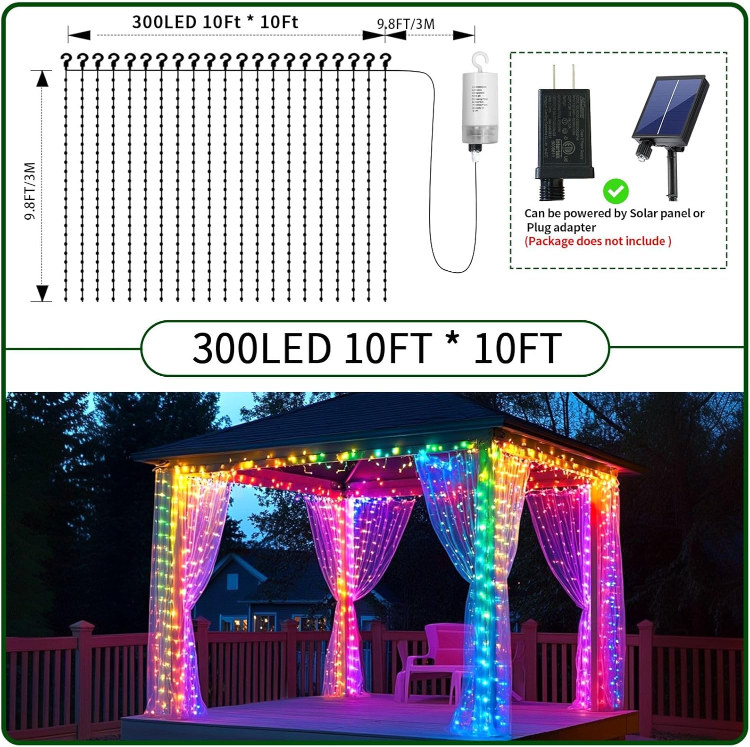 LED Battery Fairy Curtain Lights, 2Pack 300LED 10ftx10ft Battery Power Color Curtain String Lights with Remote Timer for Indoor Bedroom Gazebo Backdrop Outdoor Pergola Decor