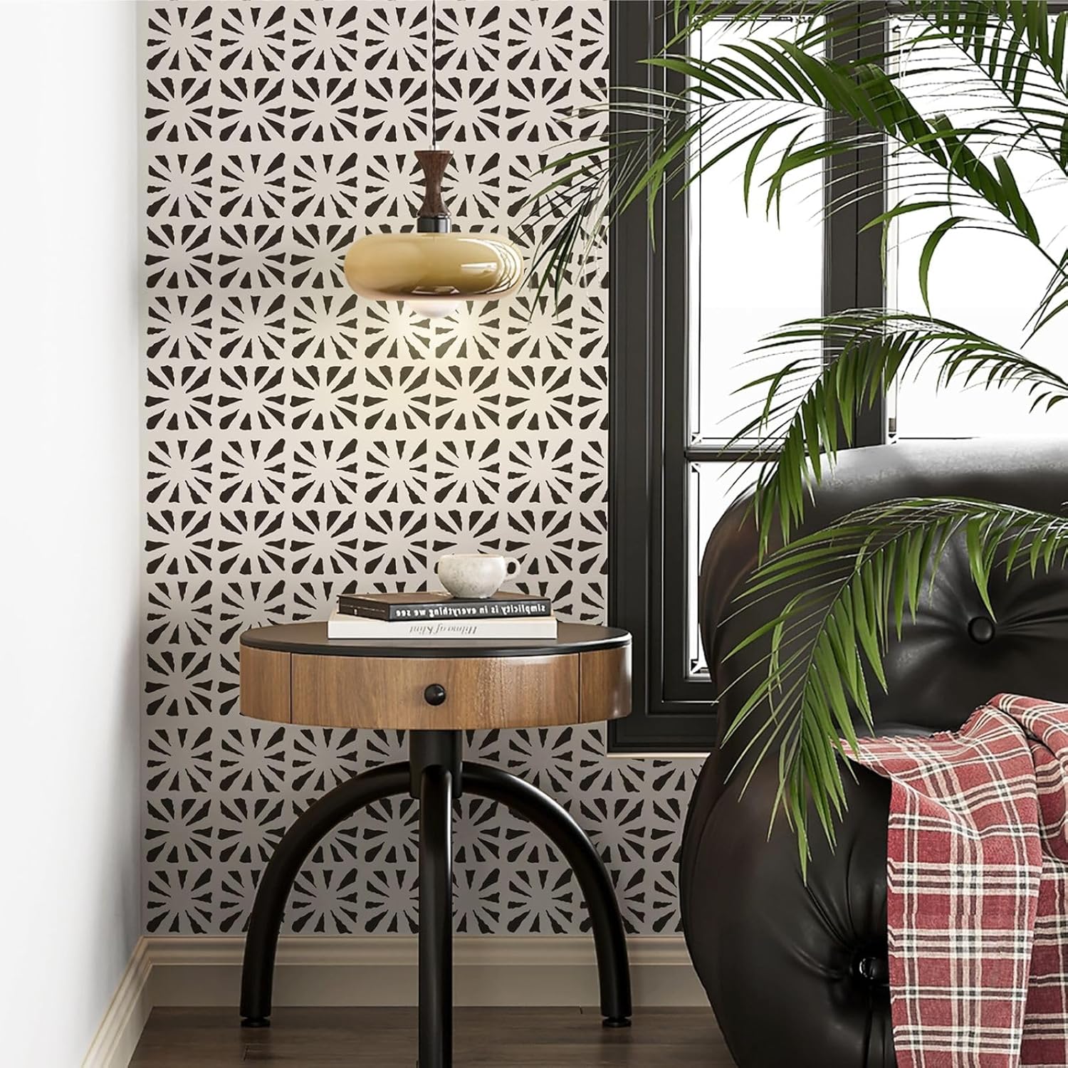 Ismoon Peel and Stick Wallpaper Boho Geometric Wallpaper Black and Beige Contact Paper 17.3'' x 393'' Removable Self-Adhesive Wall Paper Vintage for Cabinets Bathroom Bedroom Wall Decor