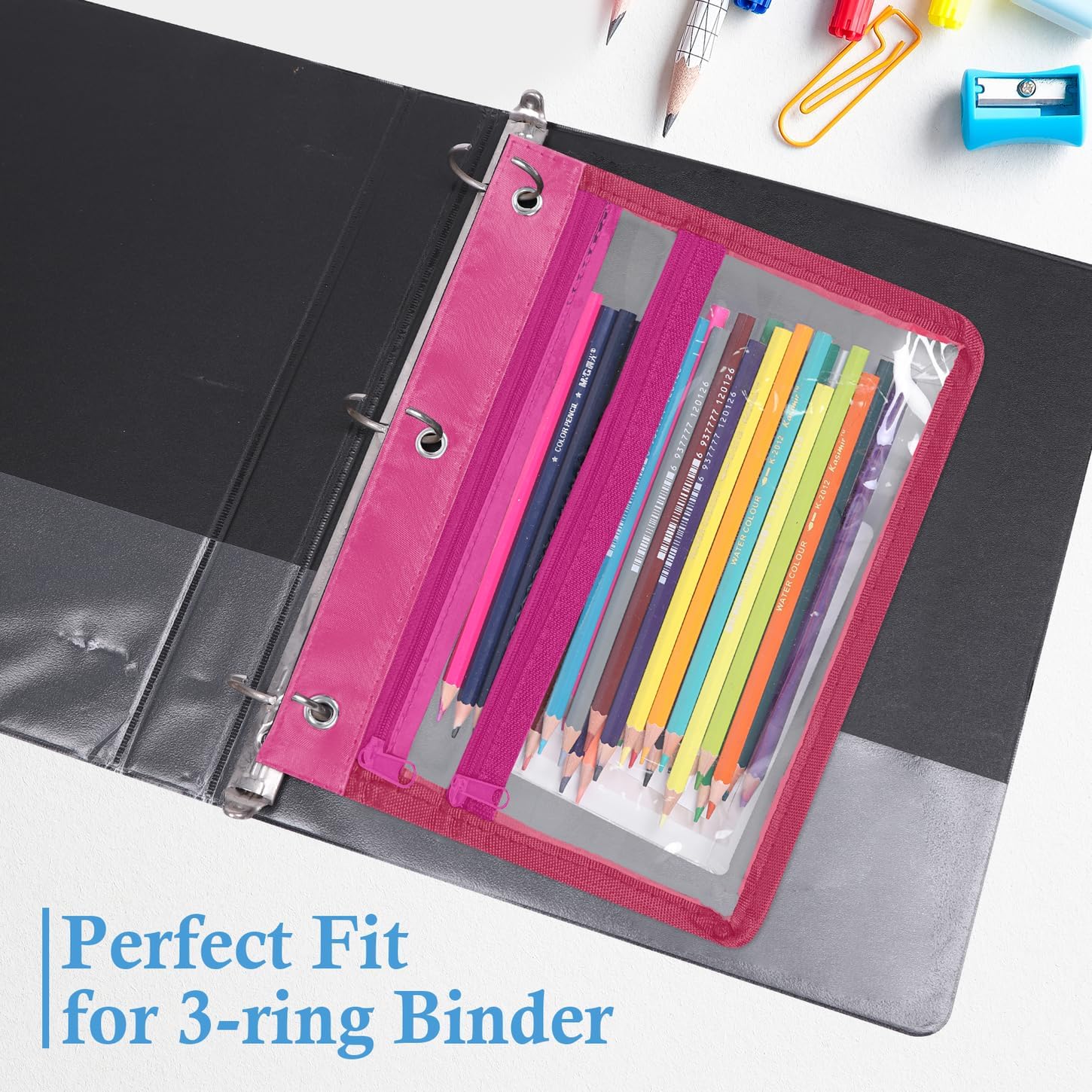 YoeeJob 6 Pack Zipper Pencil Pouches for 3 Ring Binder, 1.5 Inch Expandable with 2 Pockets and Clear Window for School and Office（Colorful） - Image 6