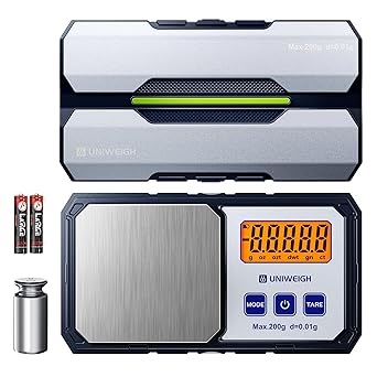 UNIWEIGH Digital Pocket Gram Scale 200g/0.01g Accuracy, Small Scales Grams Ounces with 6 Units,Jewelry Scale,Coin Scale with 50g Weights for Food/Coins/Gold/Powder,LCD Display,Tare Function