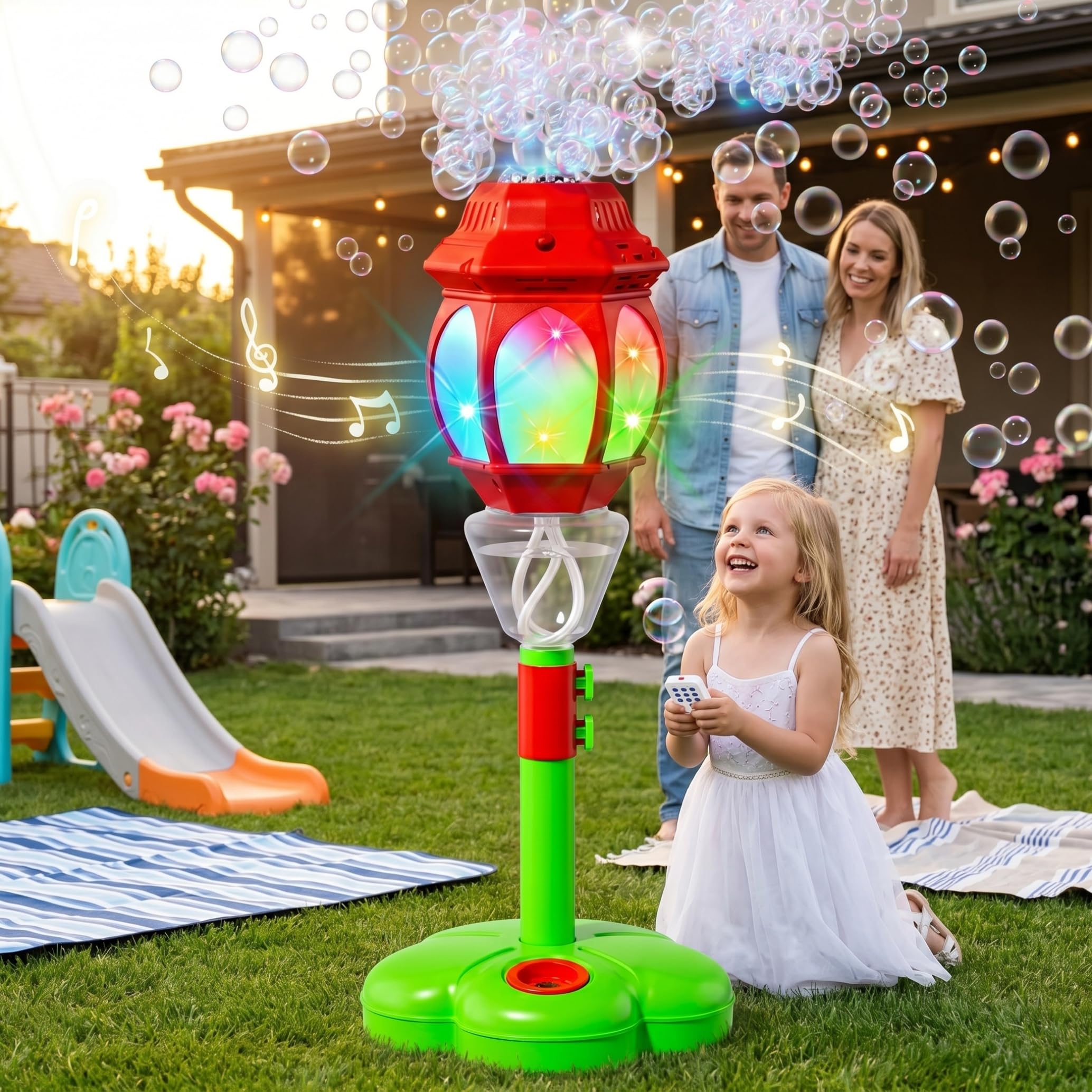Máquina de burbujas para niños, máquina automática de burbujas con sonido y luz, linterna para niños, liberación de un botón, control remoto, soplador rojo recargable