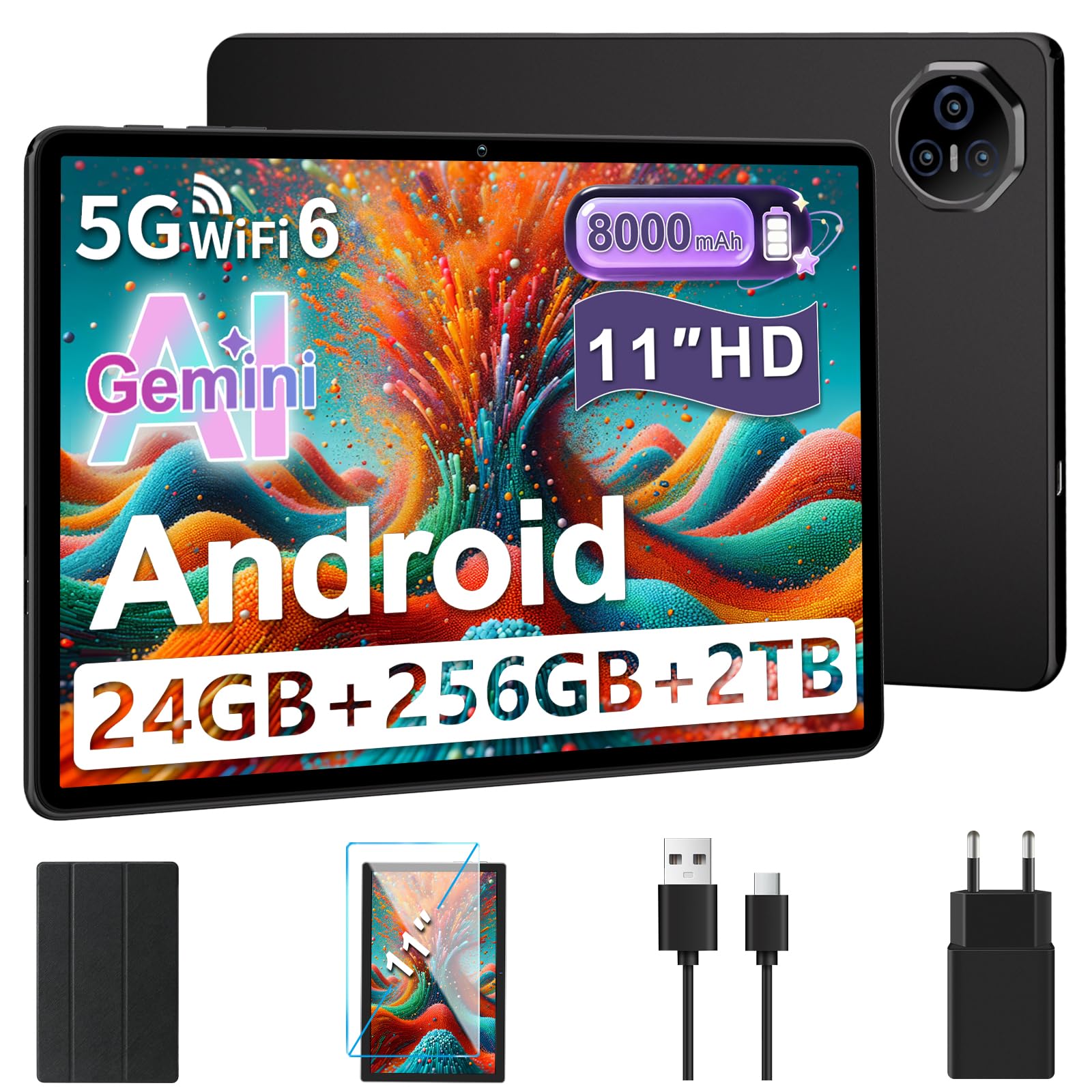 Tablet 11 pulgadas, Tableta Android, 24 GB RAM+256 GB ROM (2 TB TF), FHD IPS, Octa-Core, UFS 2.2 Flash, 8000 mAh, 5 MP + 13 MP, WiFi dual, BT 5.0, Widevine L1, Face ID, con Carcasa Metálica-Gris