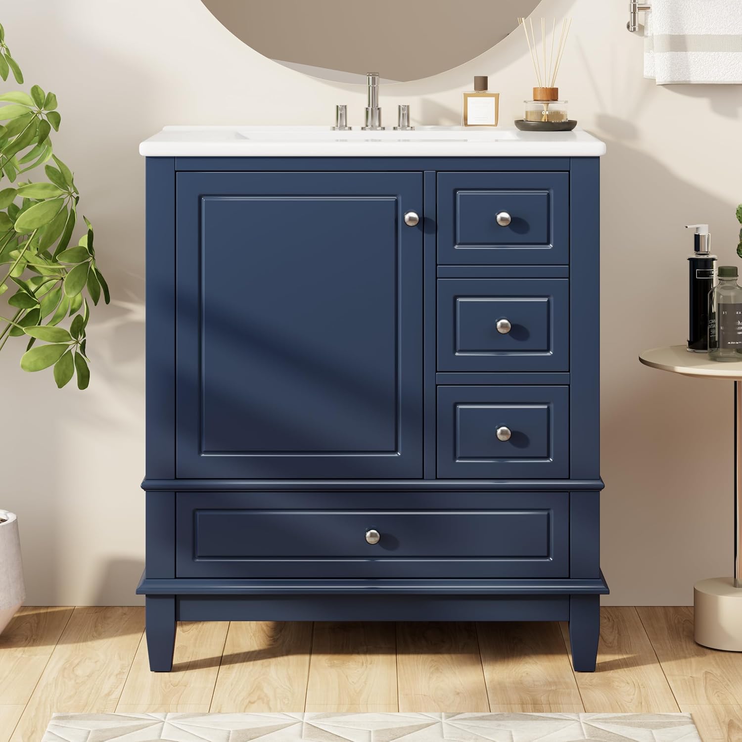 30" Bathroom Vanities Cabinet with Ceramic Sink Set Combo, Multi-Functional Storage Organizer Door Shelf, Three Drawers, Soft-Closing Door, Blue