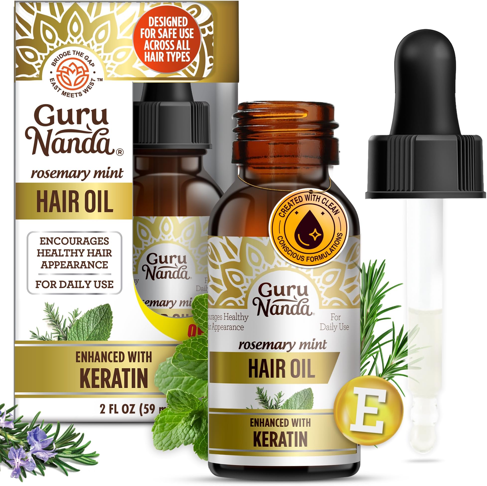 GuruNanda Rosemary Mint for Hair Growth with Keratin & Vitamin E Oil - Encourages Scalp, Shine & Hair Strengthening- 100% Natural, Cruelty-Free, 2oz