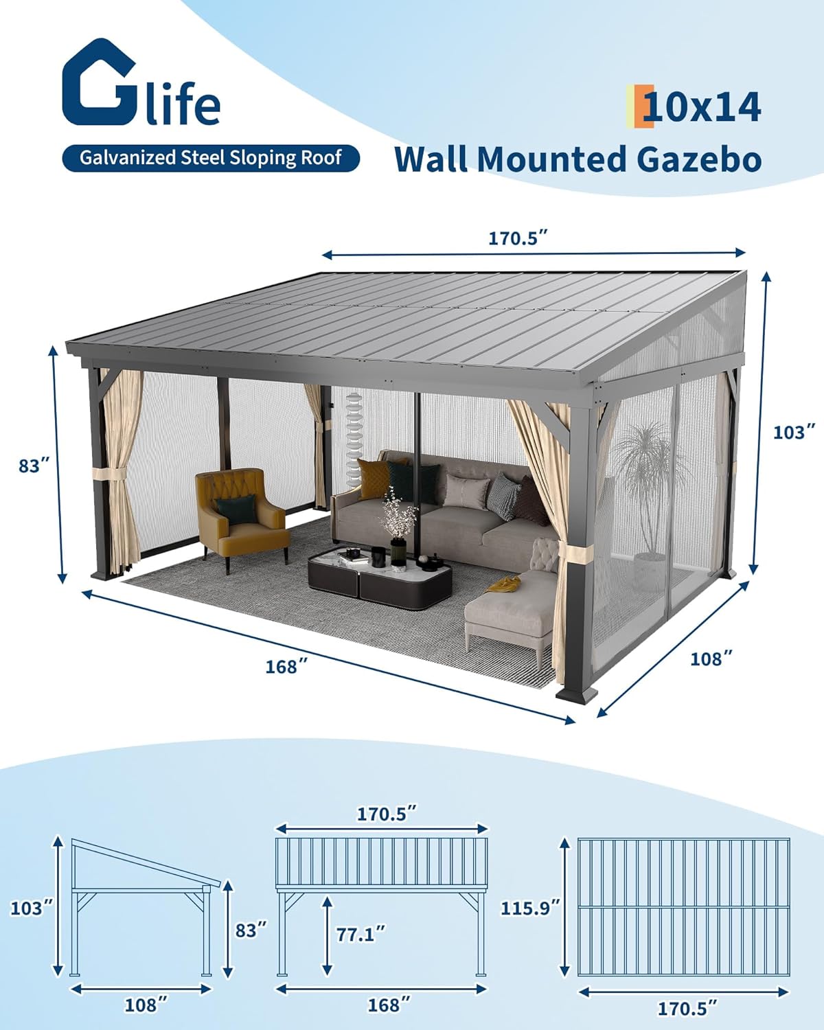 10'x14' Wall-Mounted Lean-to Gazebo with Galvanized Steel Roof, Gutters & Sliding Netting/Curtains – Hardtop Metal Pergola Canopy for Patio, Backyard, Garden, or Carport – Weather-Resistant & Durable