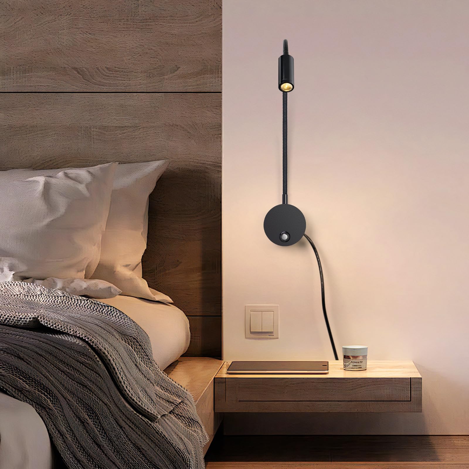 ERWEY 2pcs Applique murale LED, liseuse de chevet avec interrupteur, port de charge USB, 3W liseuse de lit pivotante à 360° avec prise et câble pour chambre, 3000-6000K, Noir