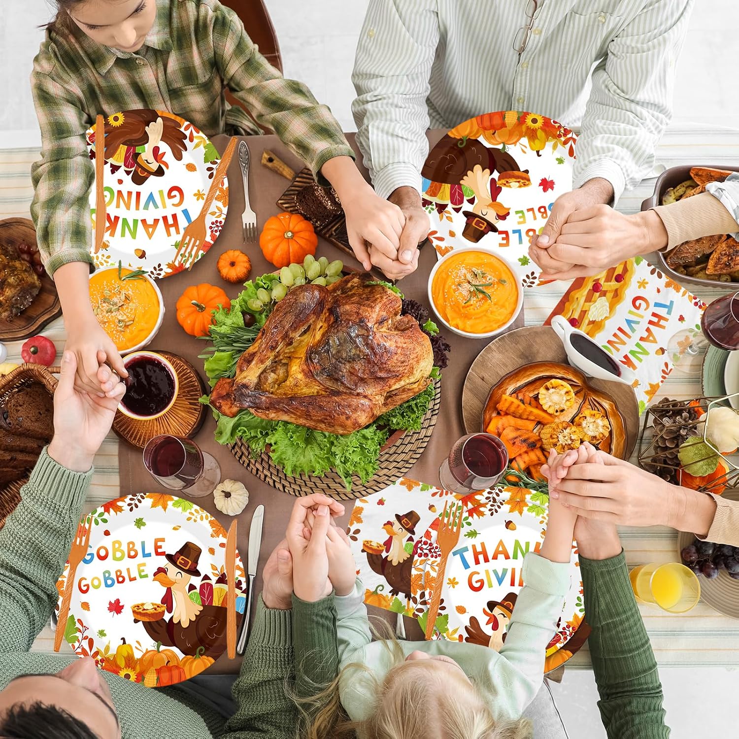 Thanksgiving Turkey Party Tableware Decorations Happy Thanksgiving Day Gobble Turkey Pie Disposable Paper Plates,Napkins,Cups,Forks and Knifes,Serve 24 for Autumn Themed Party Supplies Kit