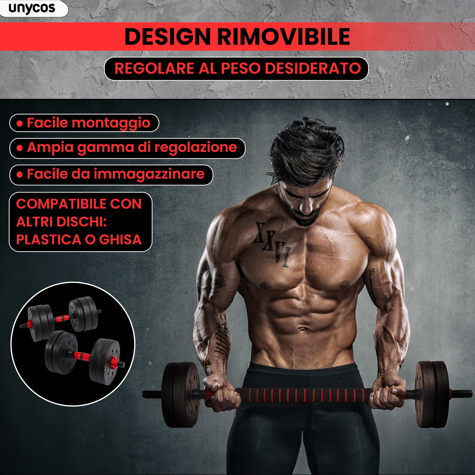 unycos - Manubri Regolabili con Dischi 20 kg【E-Book con 50 Esercizi】Coppia di Pesi con Barra di Collegamento Antiscivolo per Allenamento, Palestra in Casa, Fitness (Red Transformer)
