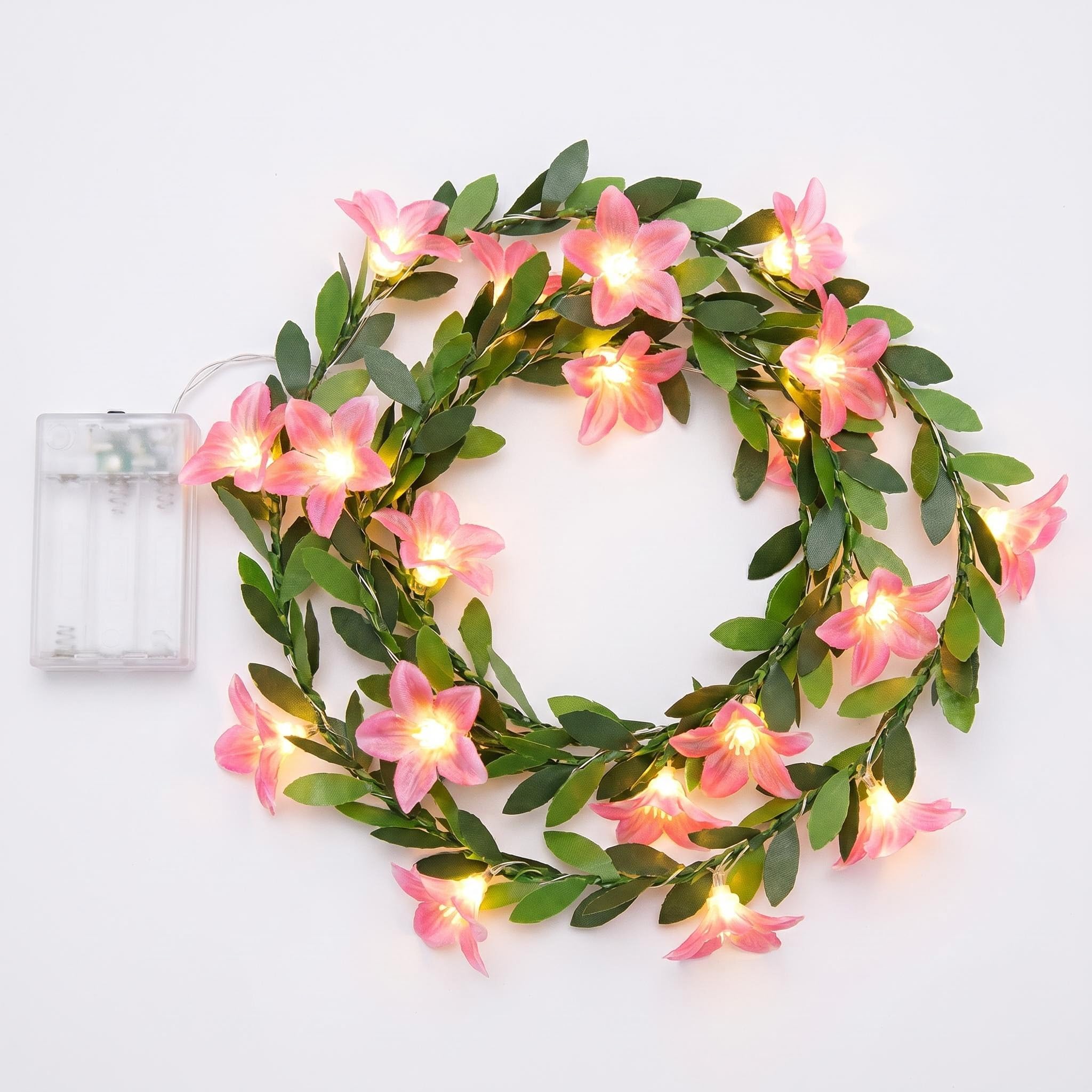 LUVDECO 2m 20 LED Lily Vine Fairy Lights, Warm White Battery Operated Copper String Lights with Always-On Mode, Flexible Floral Lights for Bedroom Wedding Party Home Decor (Pink)