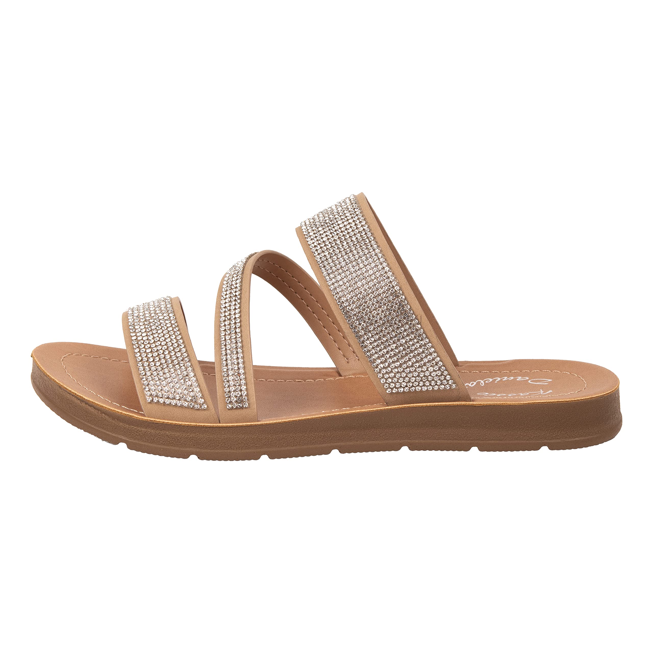 Kassie Daniela ~ FIONA ~ Women's Slip on Flat Sandals Casual Strap Sandals Open Toe Slide Sandals With Bling Rhinestone