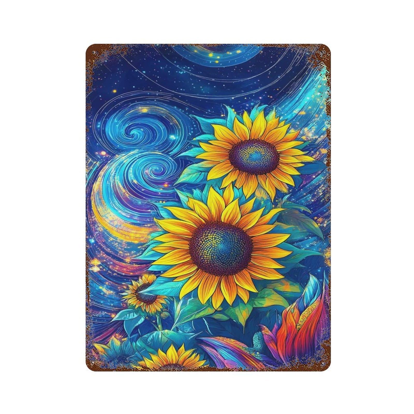 Sunflowers in The Night Sky 15.7"x11.8" Vintage Rust Metal Sign, Decorative Metal Wall Art for Bistro, Counter And Cafe Decor