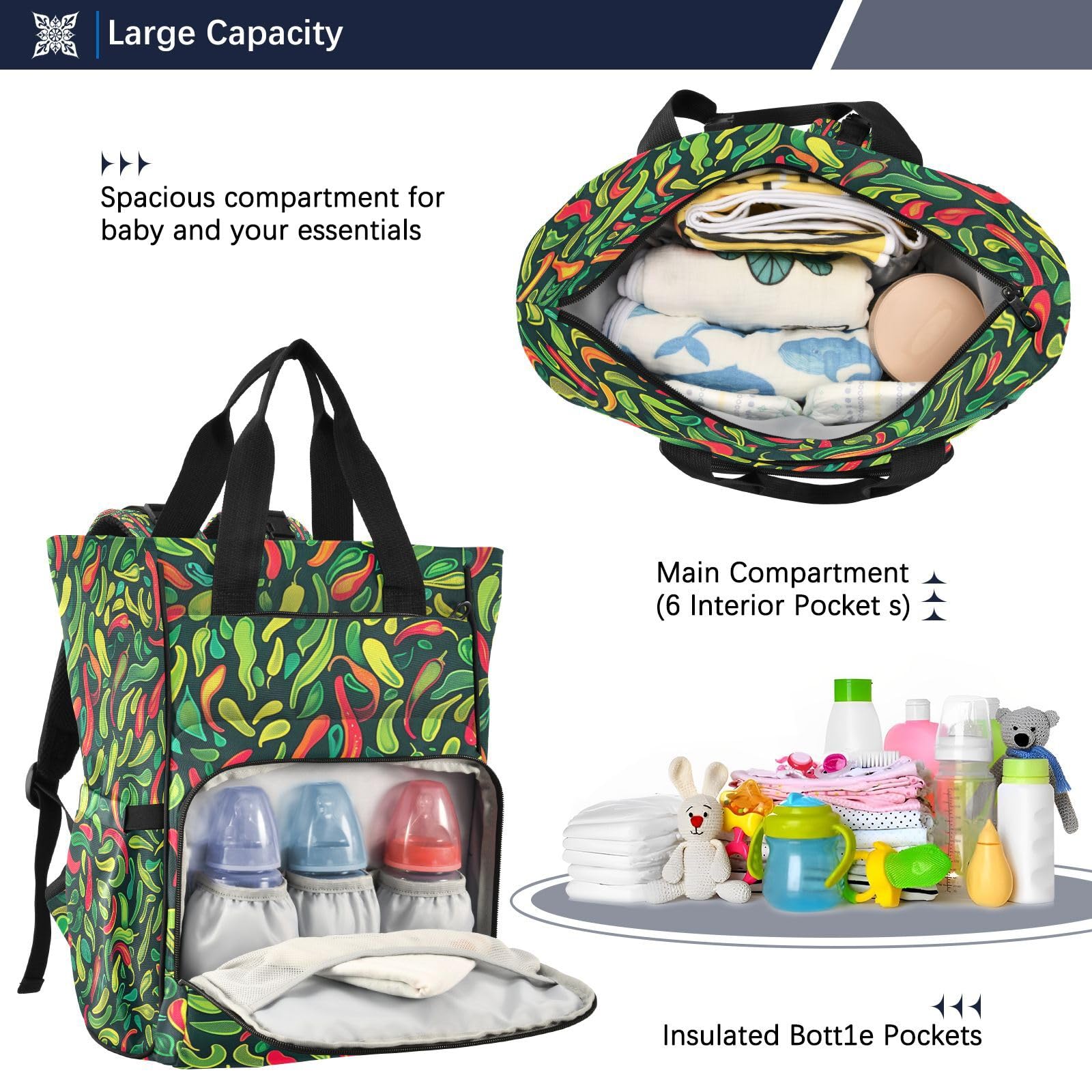 Pimientos Verdes Brillantes Mochilas de Pañales para Gran Capacidad Pañal Bolso Mochila para Viajar al Aire Libre Mamá y Papá