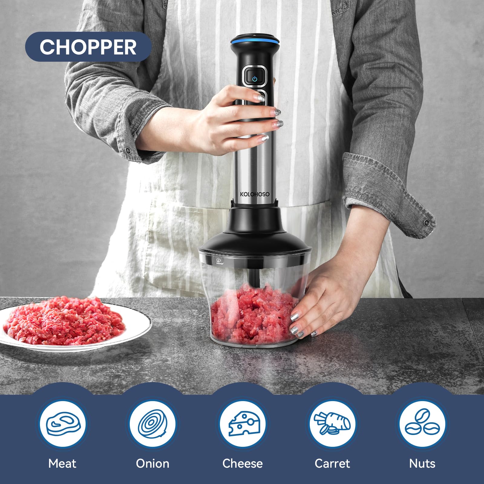 1500W Mixeur Plongeant 4 en 1 Mélangeur Plongeant 21 Vitesses Réglables | Mixeur Plongeur Anti-Éclaboussures Mixeur Blender 4 Lames en Acier Inoxydable avec Fouet 600ml Hachoir 800ml Récipient Doseur