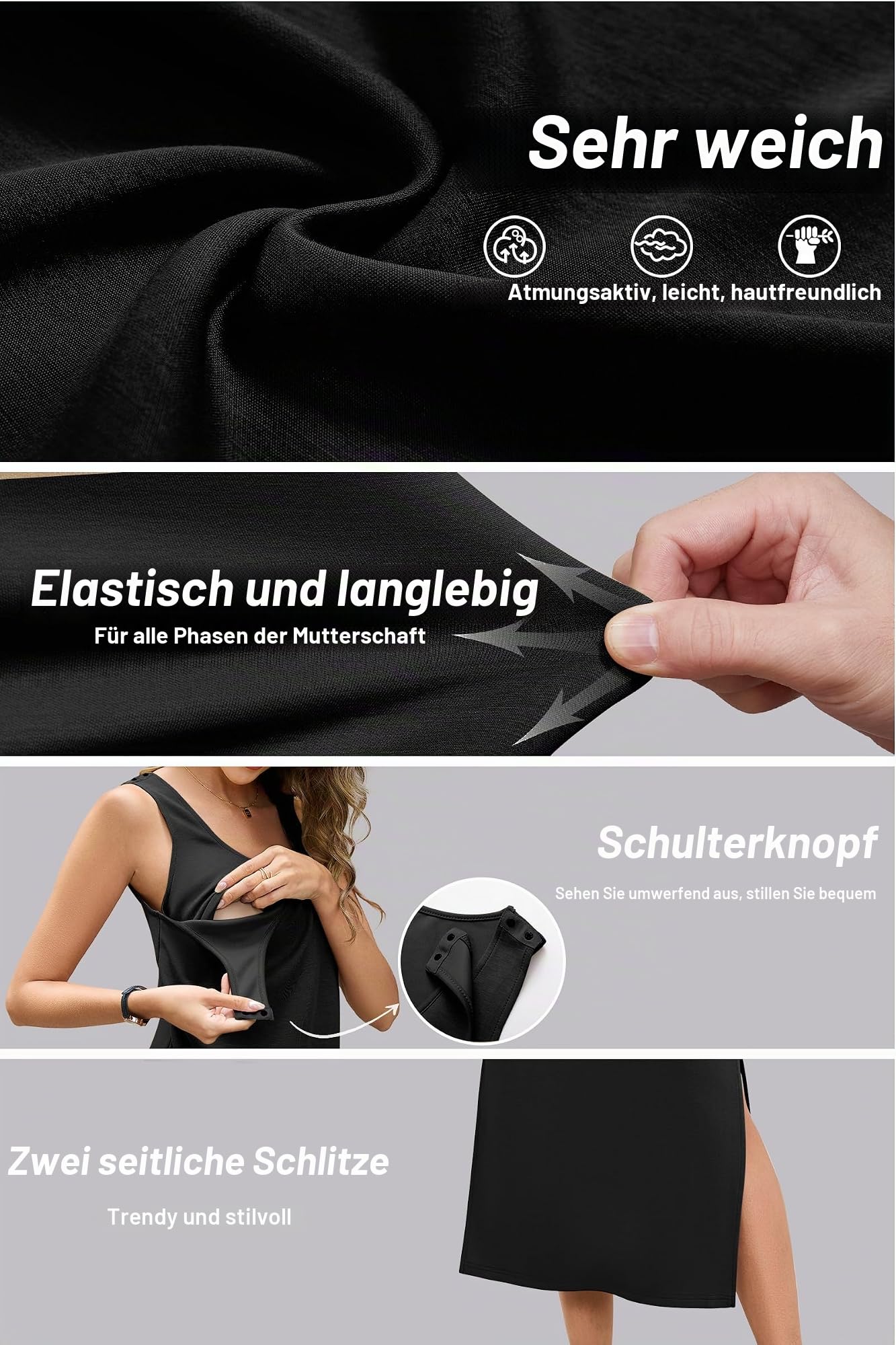 OUGES Damen 2025 Sommer Stillkleid Split Midi Ärmellos Umstandskleid Lässiges Scoop Neck Umstandsmode