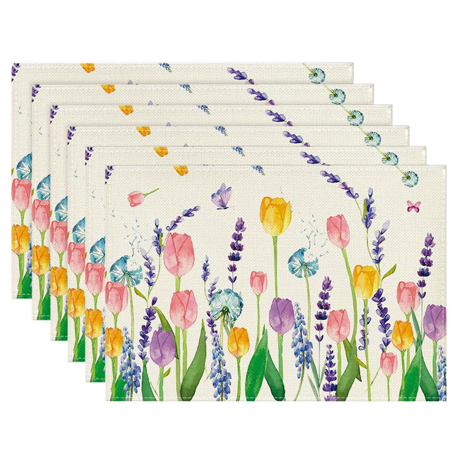 Linen Floral Placemats Set of 6 Rectangle Wild Flowers Table Mats Heat-Resistant Spring Summer Placemat Decoration Washable Non-slip Place Mats for Party Home Kitchen Table Decoration, 45x30CM (C)