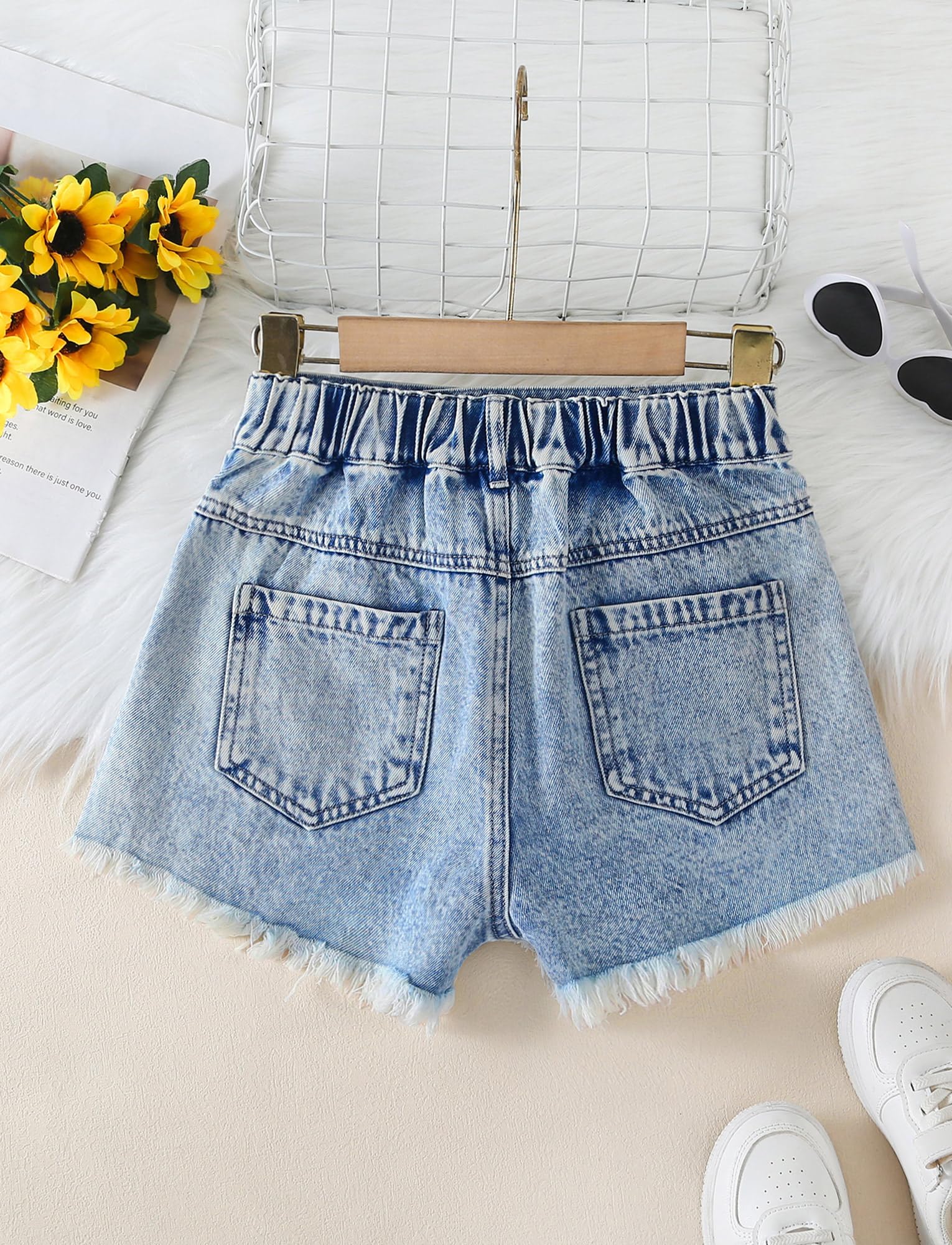 SEAUR Shorts en Jean Fille 1/2 Taille Élastique Décontracté Denim Short D'été pour Enfant 8 à 12 Ans