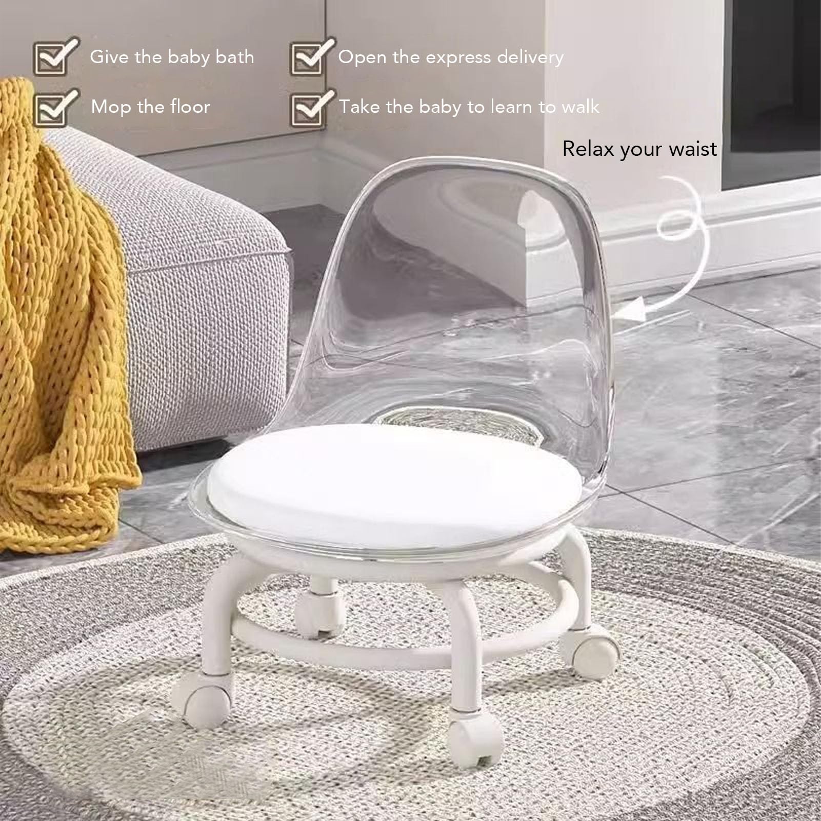 Taburete bajo con Rus Rus Giratorias 360 ​​Grados Taburete con Alta Resistencia Asiento con Plástico con Resp Cómodo para el Hogar Oficina Garaje Tienda